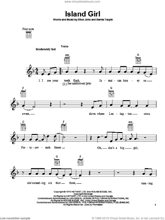 Island Girl sheet music for ukulele by Elton John, intermediate skill level
