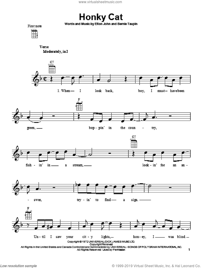 Honky Cat sheet music for ukulele by Elton John, intermediate skill level
