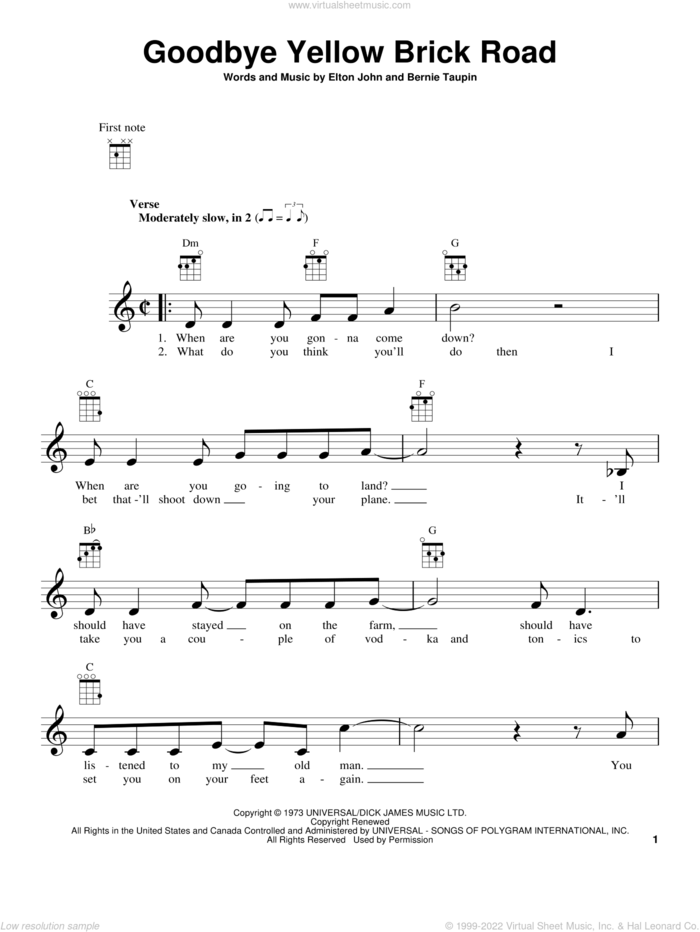 Goodbye Yellow Brick Road sheet music for ukulele by Elton John, intermediate skill level