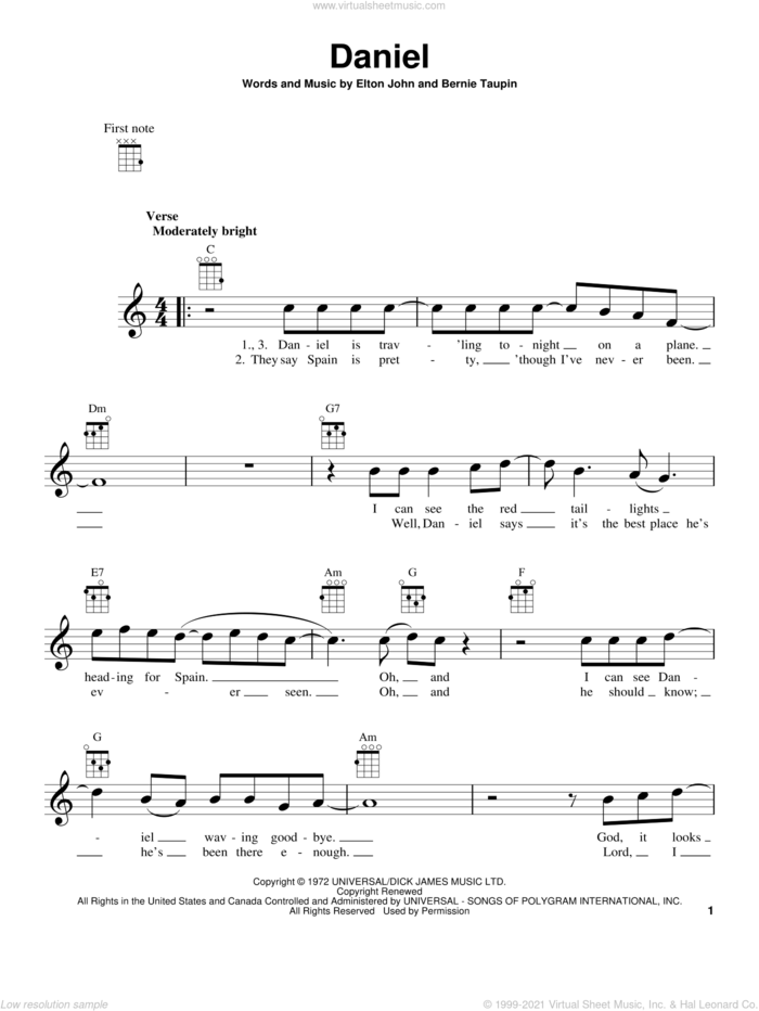 Daniel sheet music for ukulele by Elton John, intermediate skill level
