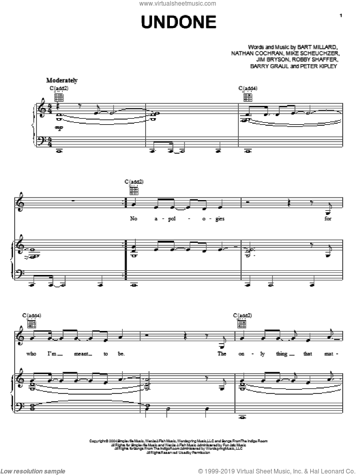 Undone sheet music for voice, piano or guitar by MercyMe, intermediate skill level