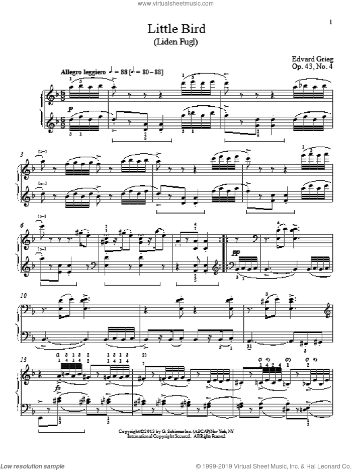 Little Bird (Liden Fugl), Op. 43, No. 4 sheet music for piano solo by Edvard Grieg and William Westney, classical score, intermediate skill level