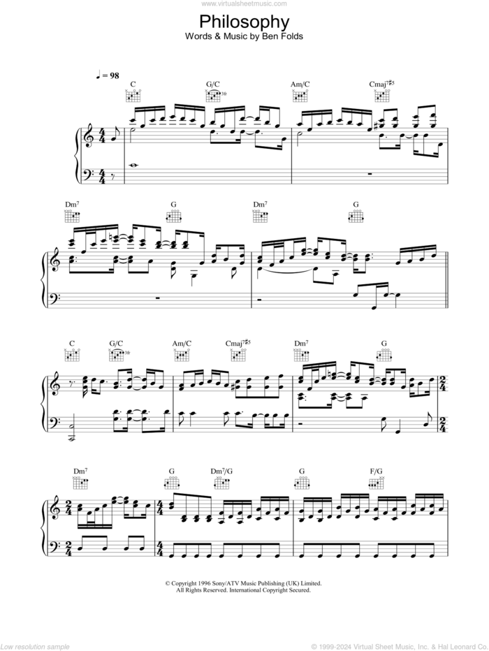 Philosophy sheet music for voice, piano or guitar by Ben Folds Five and Ben Folds, intermediate skill level