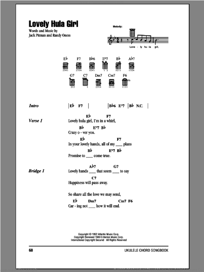 Lovely Hula Girl sheet music for ukulele (chords) by Randy Oness and Jack Pitman, intermediate skill level