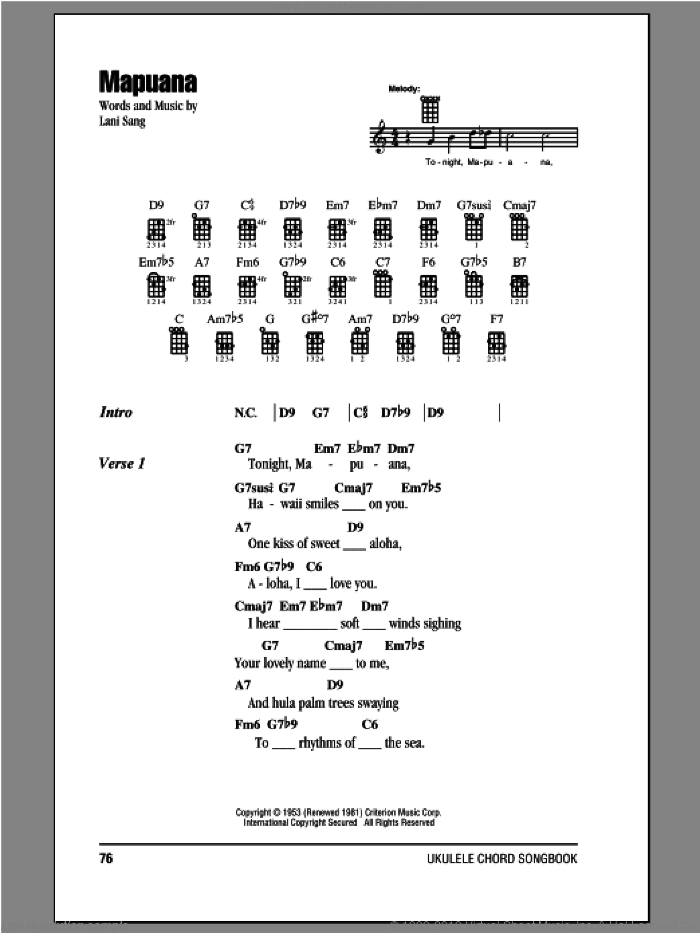 Mapuana sheet music for ukulele (chords) by Lani Sang, intermediate skill level