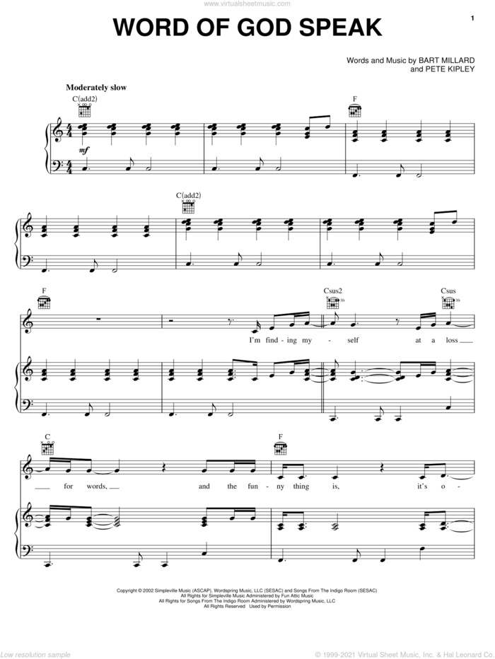 Word Of God Speak sheet music for voice, piano or guitar by Kutless, MercyMe, Bart Millard and Pete Kipley, intermediate skill level