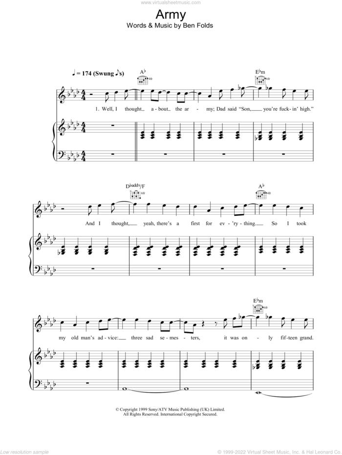 Army sheet music for voice, piano or guitar by Ben Folds Five and Ben Folds, intermediate skill level