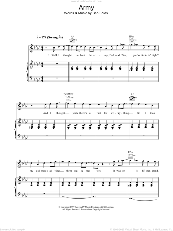 Army sheet music for voice, piano or guitar by Ben Folds Five and Ben Folds, intermediate skill level