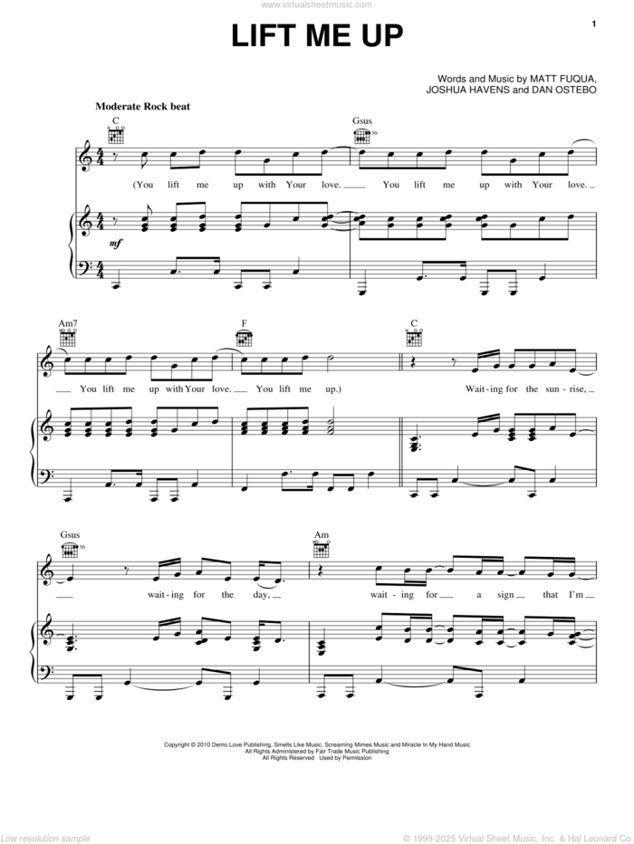 Lift Me Up sheet music for voice, piano or guitar by The Afters, intermediate skill level