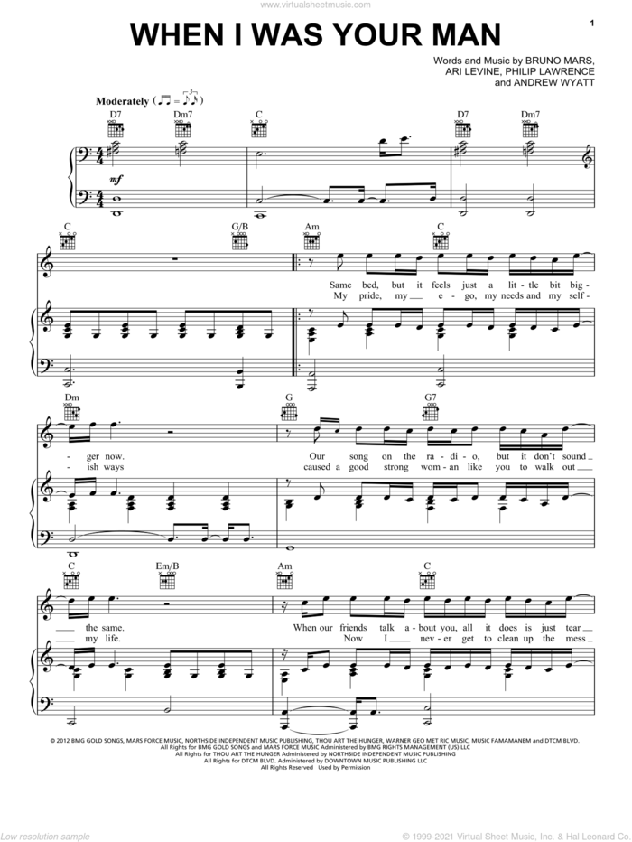 When I Was Your Man sheet music for voice, piano or guitar by Bruno Mars, intermediate skill level