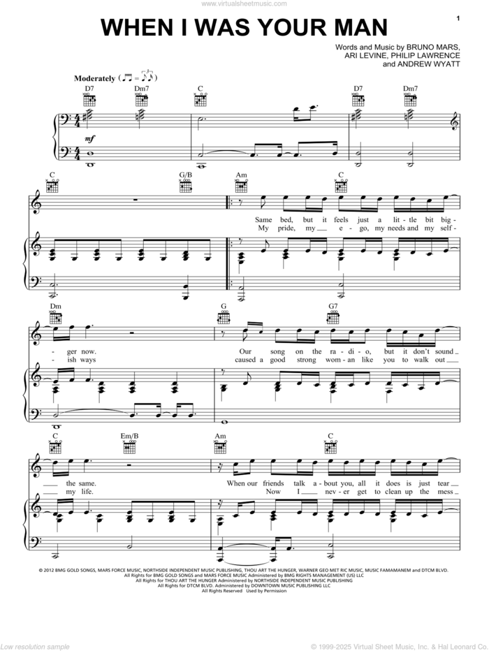 When I Was Your Man sheet music for voice, piano or guitar by Bruno Mars, intermediate skill level