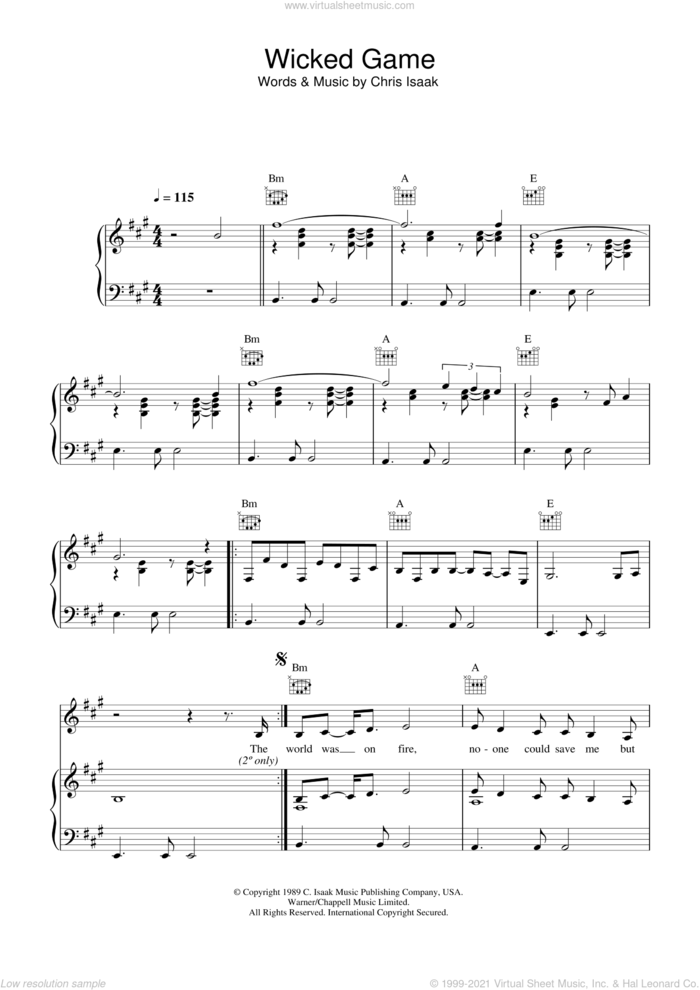 Wicked Game sheet music for voice, piano or guitar by Chris Isaak, intermediate skill level