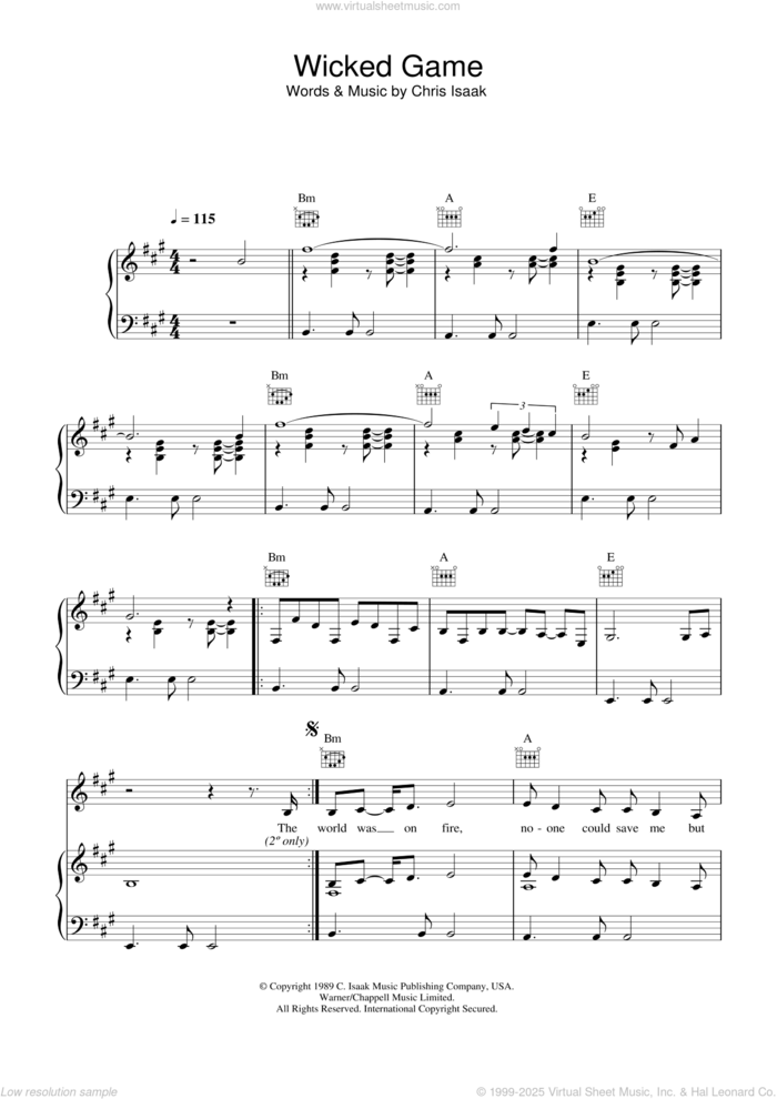 Wicked Game sheet music for voice, piano or guitar by Chris Isaak, intermediate skill level