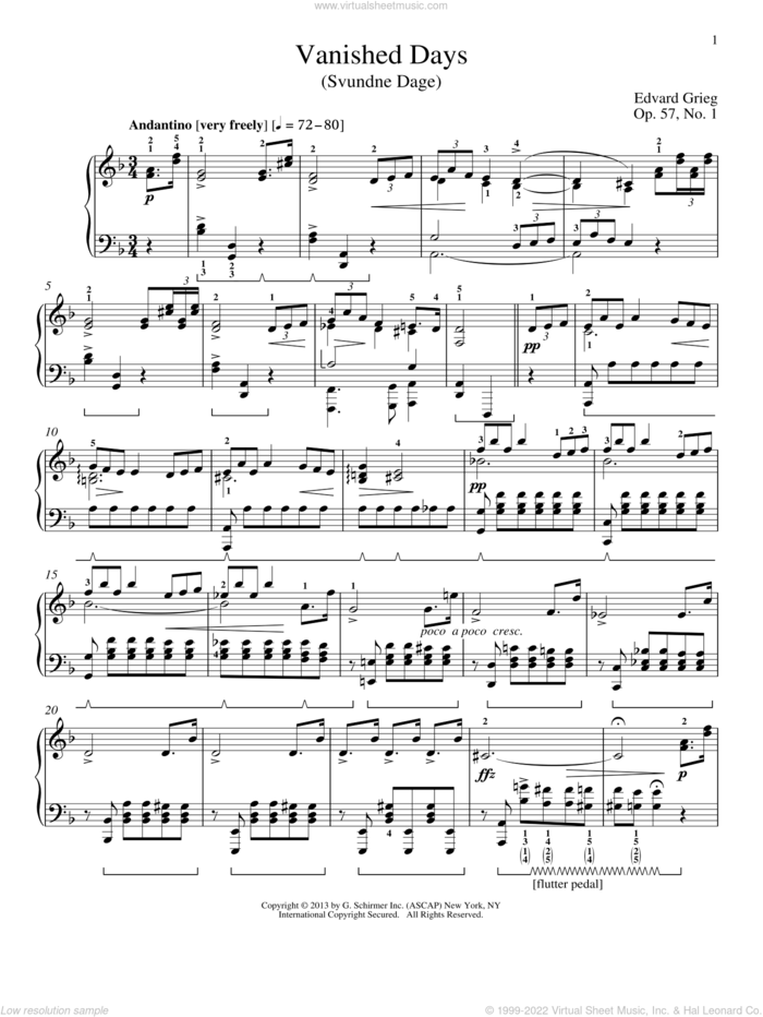 Vanished Days (Svundne Dage), Op. 57, No. 1 sheet music for piano solo by Edvard Grieg and William Westney, classical score, intermediate skill level