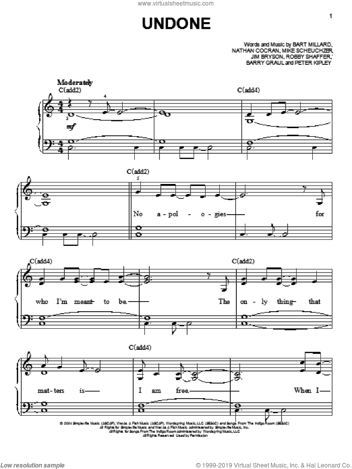 Undone sheet music for piano solo by MercyMe, easy skill level