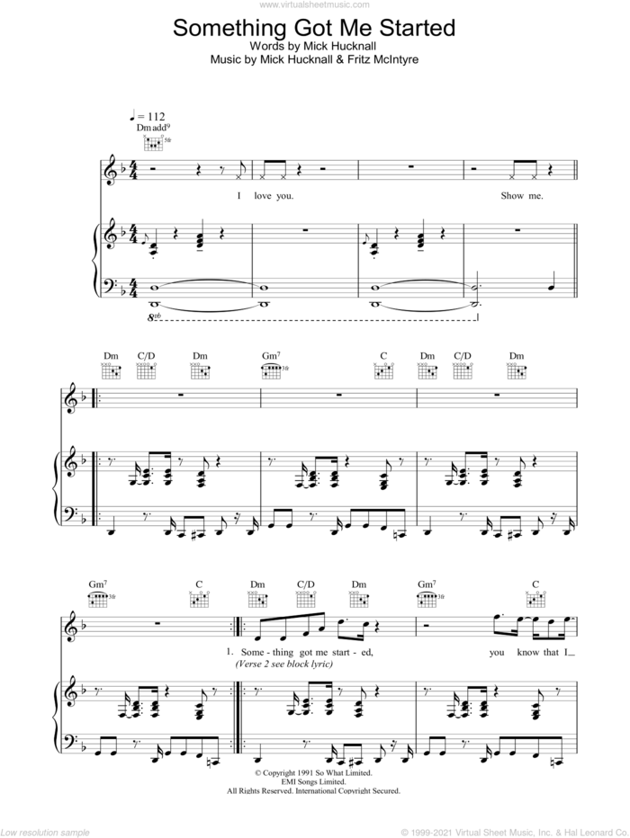 Something Got Me Started sheet music for voice, piano or guitar by Simply Red, Fritz McIntyre and Mick Hucknall, intermediate skill level