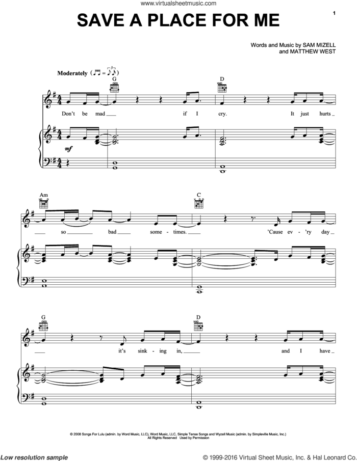 Save A Place For Me sheet music for voice, piano or guitar by Matthew West and Sam Mizell, classical score, intermediate skill level