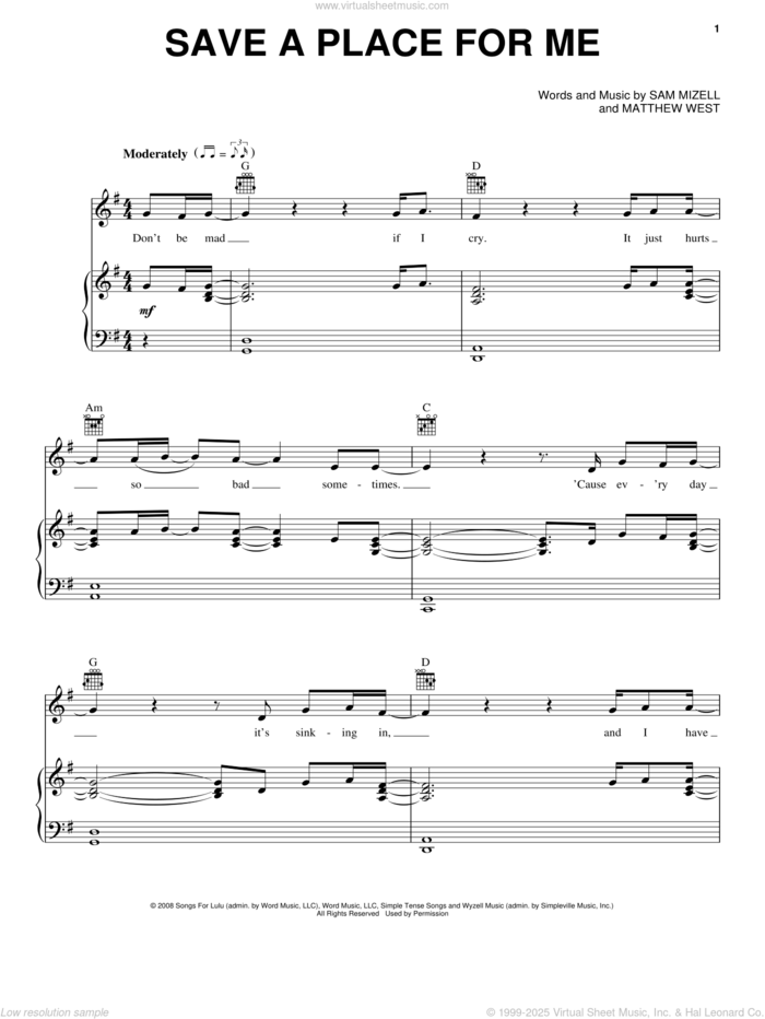 Save A Place For Me sheet music for voice, piano or guitar by Matthew West and Sam Mizell, classical score, intermediate skill level