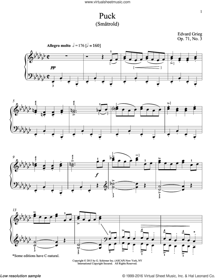 Puck (Smatrold), Op. 71, No. 3 sheet music for piano solo by Edvard Grieg and William Westney, classical score, intermediate skill level
