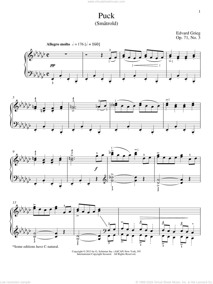 Puck (Smatrold), Op. 71, No. 3 sheet music for piano solo by Edvard Grieg and William Westney, classical score, intermediate skill level