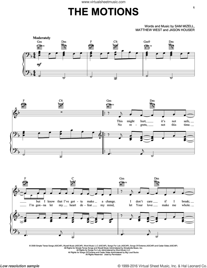 The Motions sheet music for voice, piano or guitar by Matthew West, Jason Houser and Sam Mizell, intermediate skill level