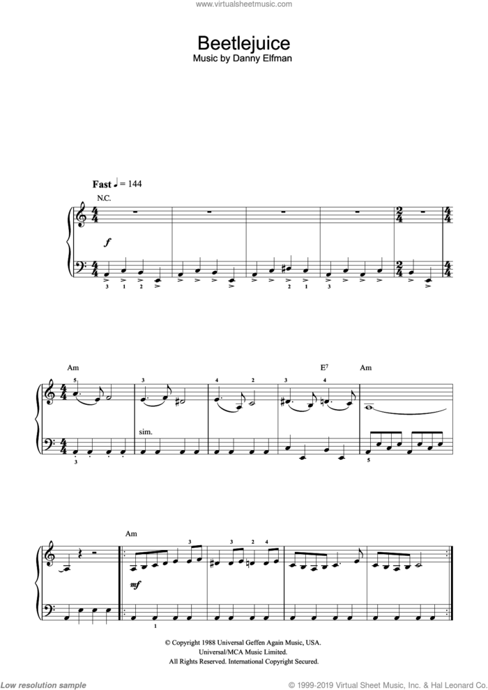 Beetlejuice (Main Theme) sheet music for piano solo (beginners) by Danny Elfman, beginner piano (beginners)