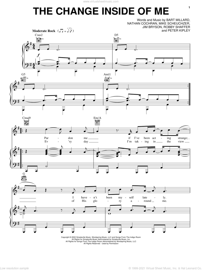 The Change Inside Of Me sheet music for voice, piano or guitar by MercyMe, intermediate skill level