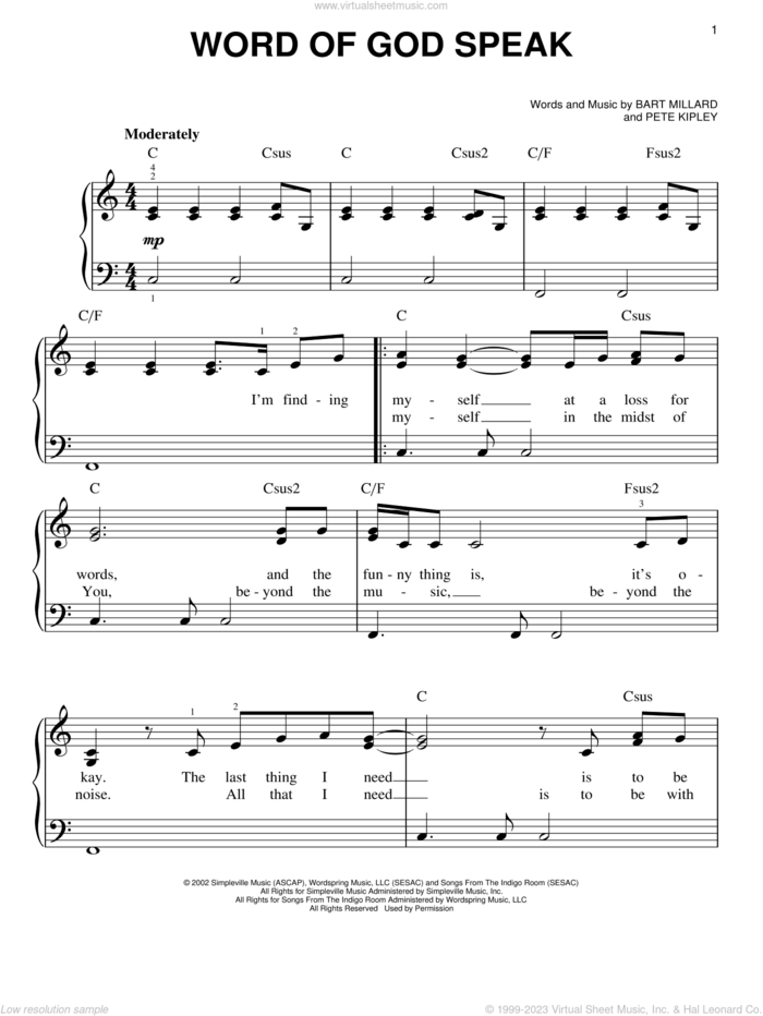 Word Of God Speak, (easy) sheet music for piano solo by MercyMe, Bart Millard, Kutless and Pete Kipley, easy skill level