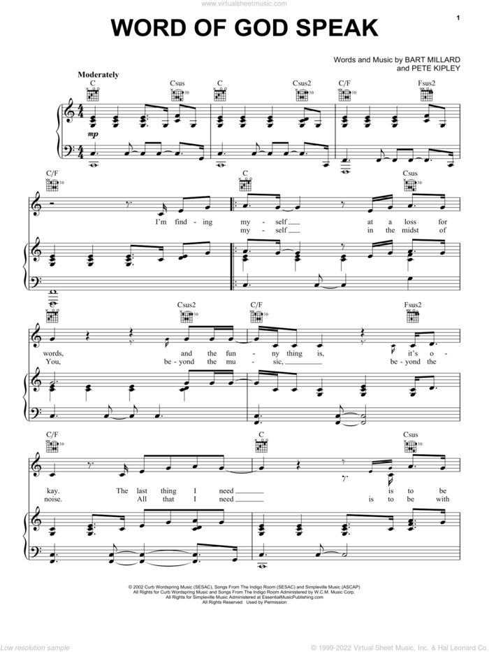 Word Of God Speak sheet music for voice, piano or guitar by MercyMe, Bart Millard, Kutless and Pete Kipley, intermediate skill level