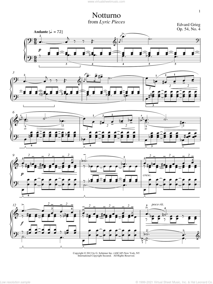 Notturno, Op. 54, No. 4 sheet music for piano solo by Edvard Grieg and William Westney, classical score, intermediate skill level