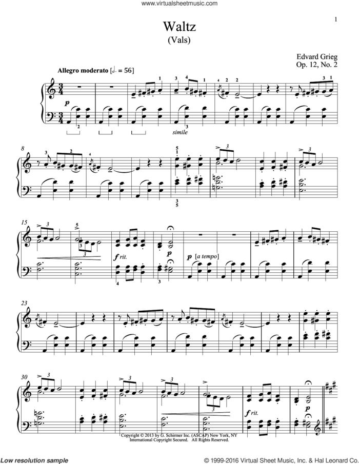 Waltz (Vals), Op. 12, No. 2 sheet music for piano solo by Edvard Grieg and William Westney, classical score, intermediate skill level