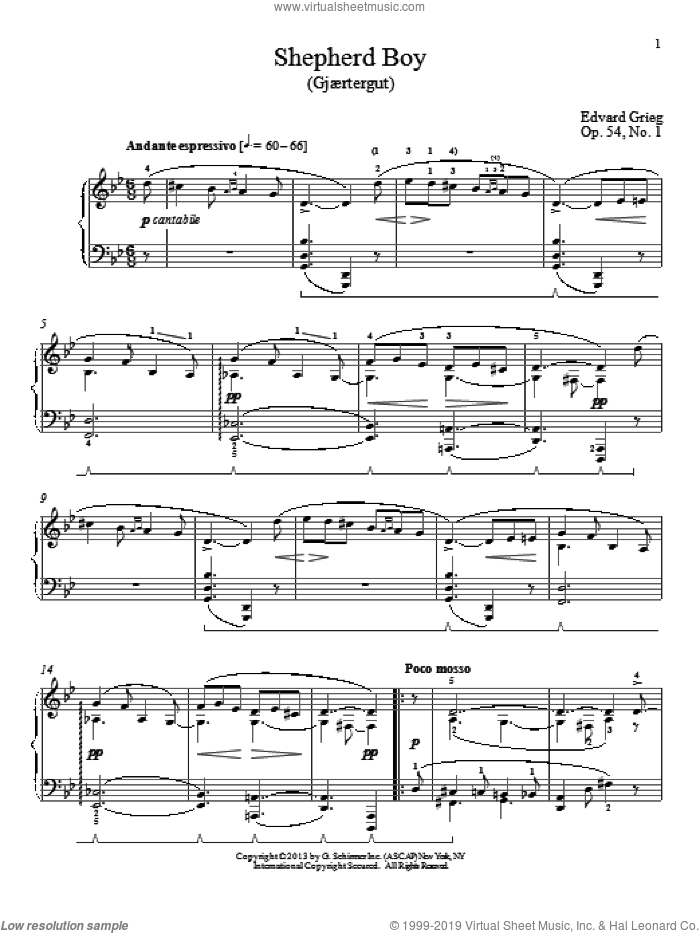 Shepherd Boy (Gjaertergut), Op. 54, No. 1 sheet music for piano solo by Edvard Grieg and William Westney, classical score, intermediate skill level