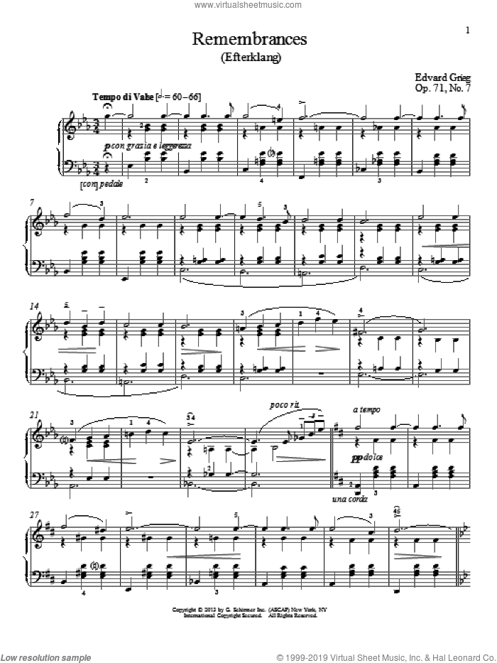 Remembrances (Efterklang), Op. 71, No. 7 sheet music for piano solo by Edvard Grieg and William Westney, classical score, intermediate skill level