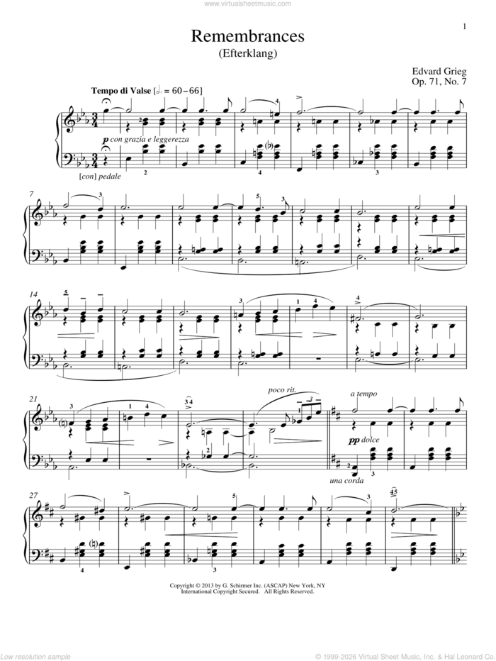 Remembrances (Efterklang), Op. 71, No. 7 sheet music for piano solo by Edvard Grieg and William Westney, classical score, intermediate skill level