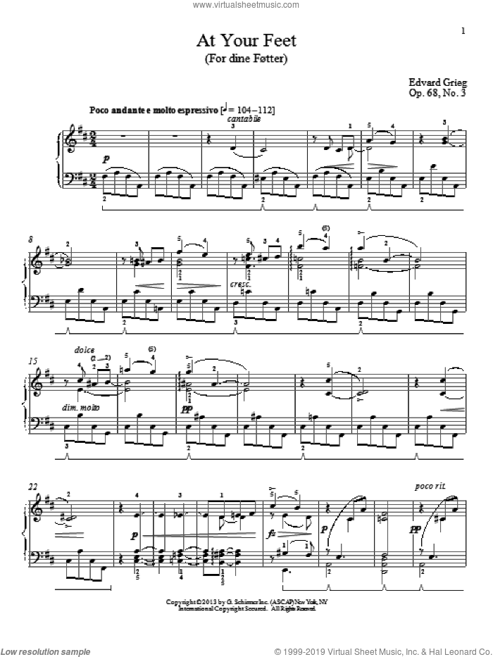 At Your Feet (For dine Fotter), Op. 68, No. 3 sheet music for piano solo by Edvard Grieg and William Westney, classical score, intermediate skill level
