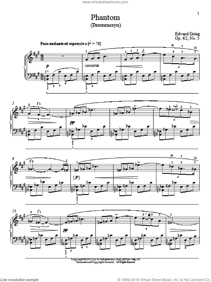 Phantom (Drommesyn), Op. 62, No. 5 sheet music for piano solo by Edvard Grieg and William Westney, classical score, intermediate skill level