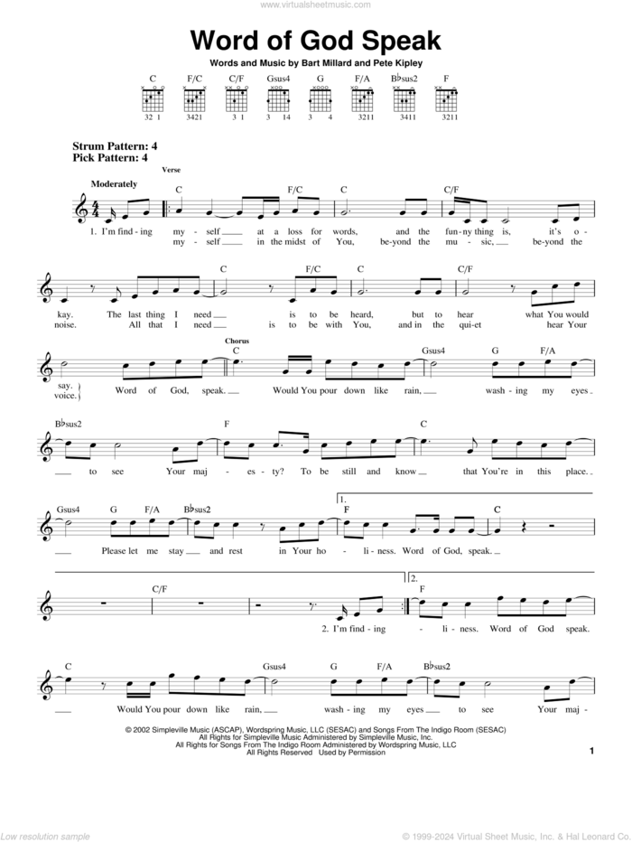 Word Of God Speak sheet music for guitar solo (chords) by MercyMe, Bart Millard, Kutless and Pete Kipley, easy guitar (chords)