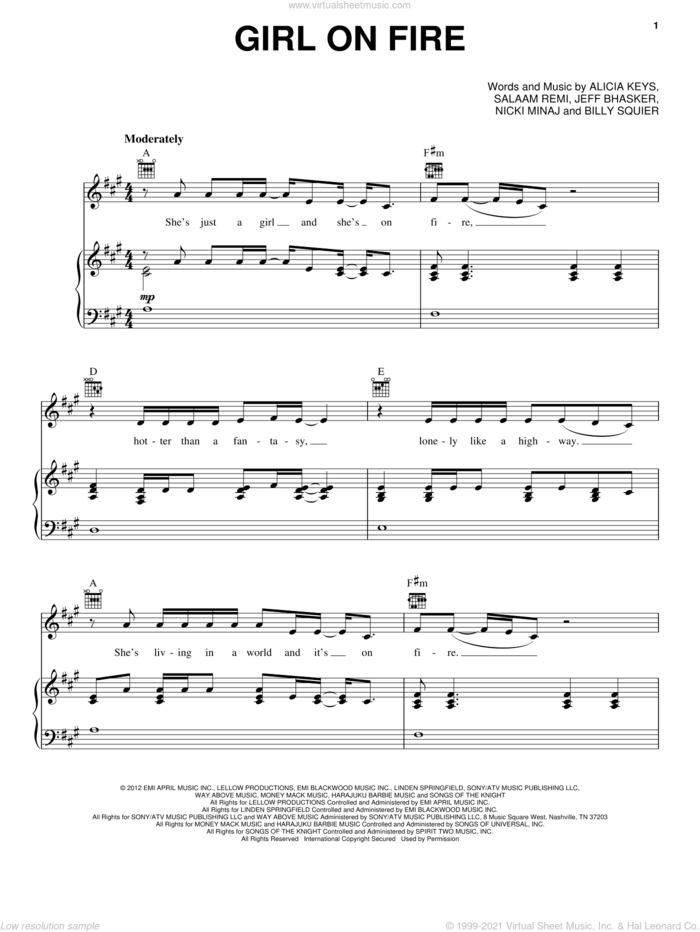 Girl On Fire sheet music for voice, piano or guitar by Alicia Keys and Nicki Minaj, intermediate skill level