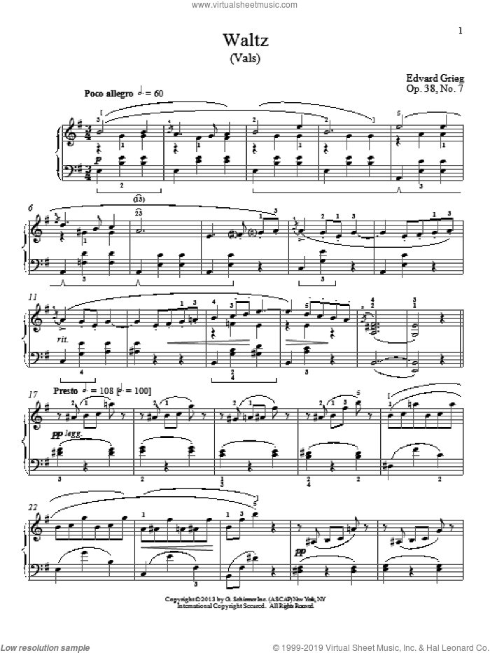 Waltz (Vals), Op. 38, No. 7 sheet music for piano solo by Edvard Grieg and William Westney, classical score, intermediate skill level