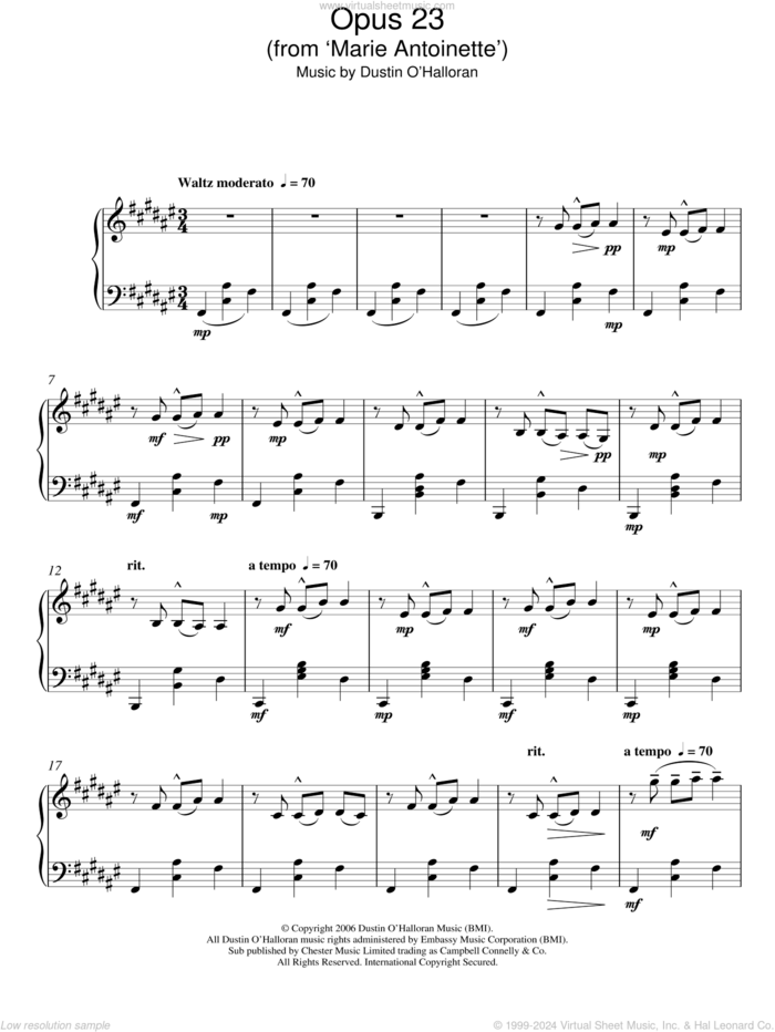 Opus 23 (from Marie Antoinette) sheet music for piano solo by Dustin O'Halloran, classical score, intermediate skill level
