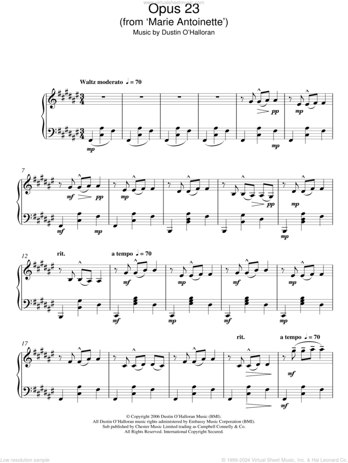 Opus 23 (from Marie Antoinette) sheet music for piano solo by Dustin O'Halloran, classical score, intermediate skill level