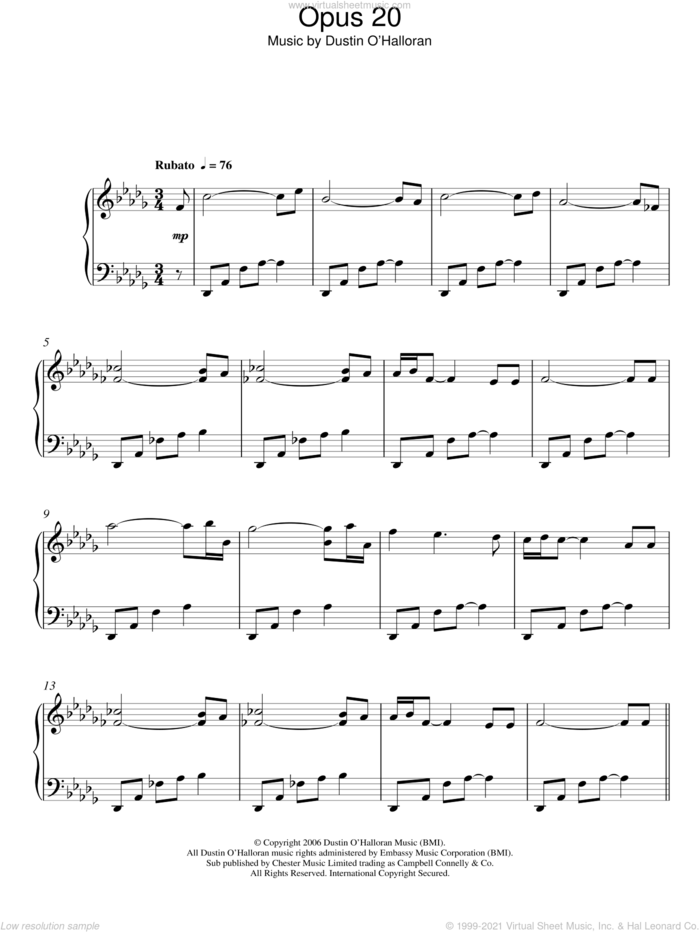 Opus 20 sheet music for piano solo by Dustin O'Halloran, classical score, intermediate skill level