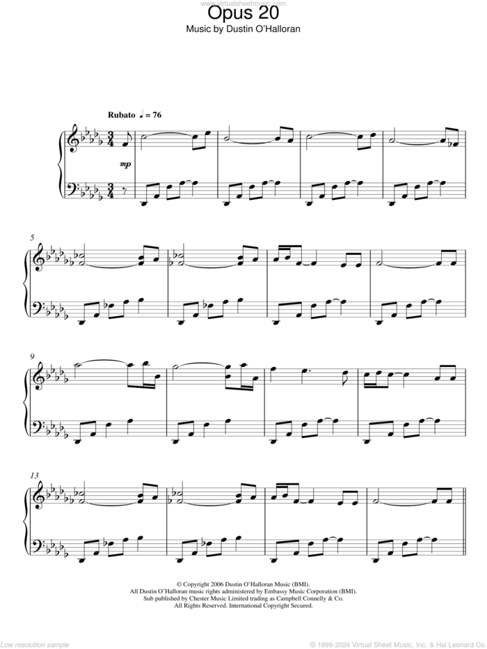 Opus 20 sheet music for piano solo by Dustin O'Halloran, classical score, intermediate skill level