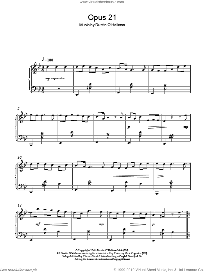Opus 21 sheet music for piano solo by Dustin O'Halloran, classical score, intermediate skill level
