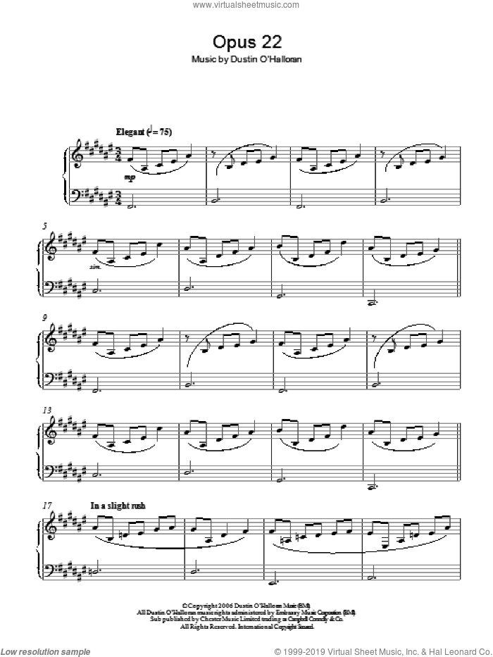 Opus 22 sheet music for piano solo by Dustin O'Halloran, classical score, intermediate skill level