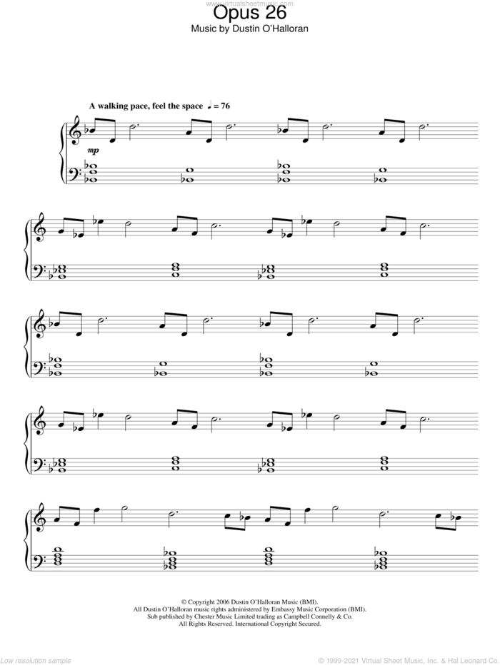 Opus 26 sheet music for piano solo by Dustin O'Halloran, classical score, intermediate skill level