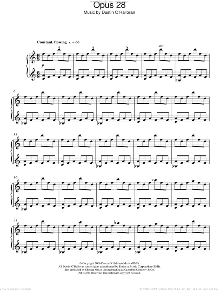 Opus 28 sheet music for piano solo by Dustin O'Halloran, classical score, intermediate skill level