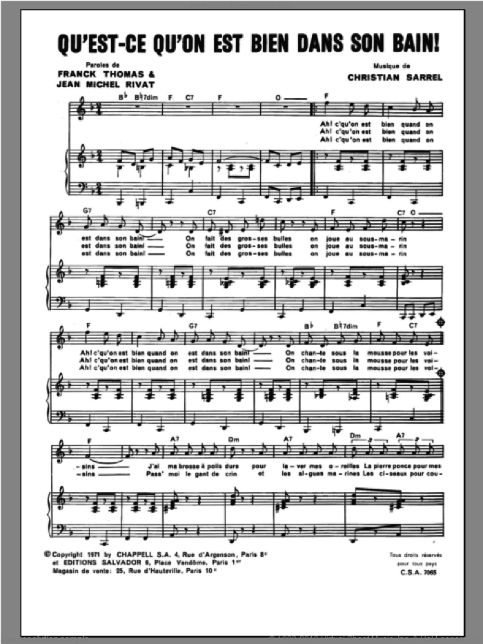 Qu'est Ce Qu'on Est Bien Dans Son Bain sheet music for voice and piano by Henri Salvador, Christian Sarrel, Frank Thomas and Jean Michel Rivat, intermediate skill level