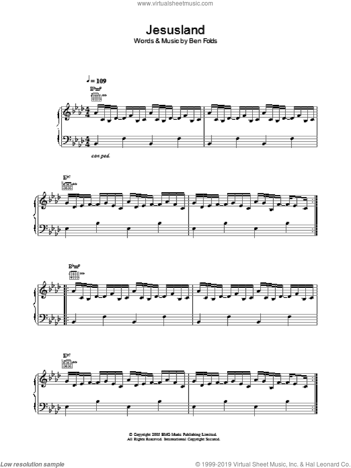 Jesusland sheet music for voice, piano or guitar by Ben Folds, intermediate skill level