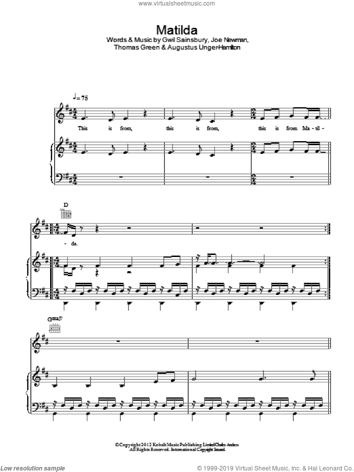 Matilda sheet music for voice, piano or guitar by Alt-J, Augustus Unger-Hamilton, Gwil Sainsbury, Joe Newman and Thomas Green, intermediate skill level